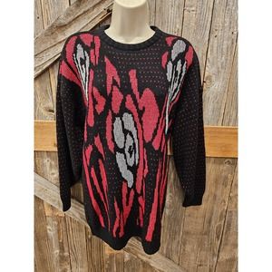 Vintage JONATHAN CASS metallic sweater over sized small black red warm ^
